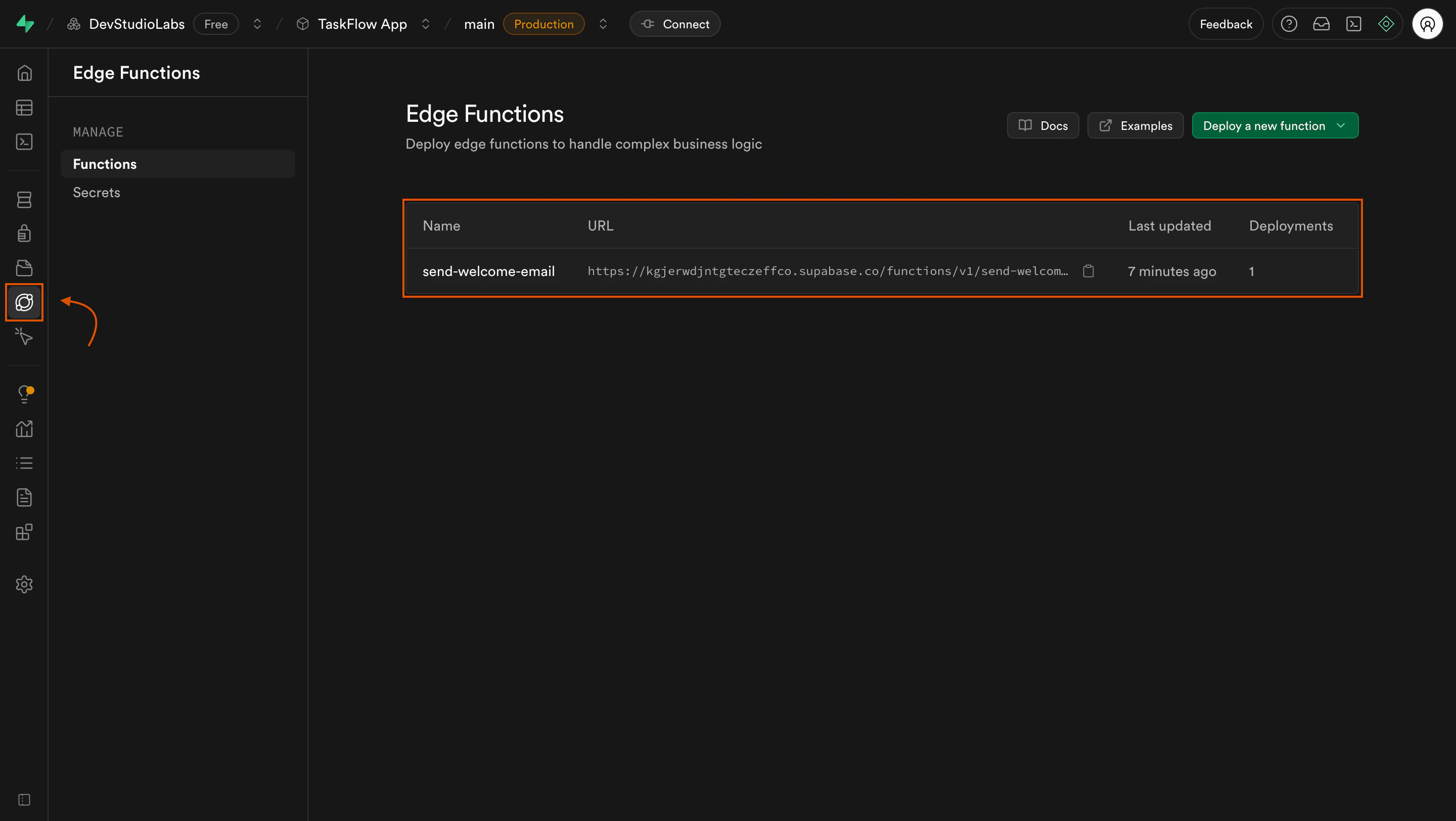 Supabase dashboard showing a list of deployed Edge Functions.