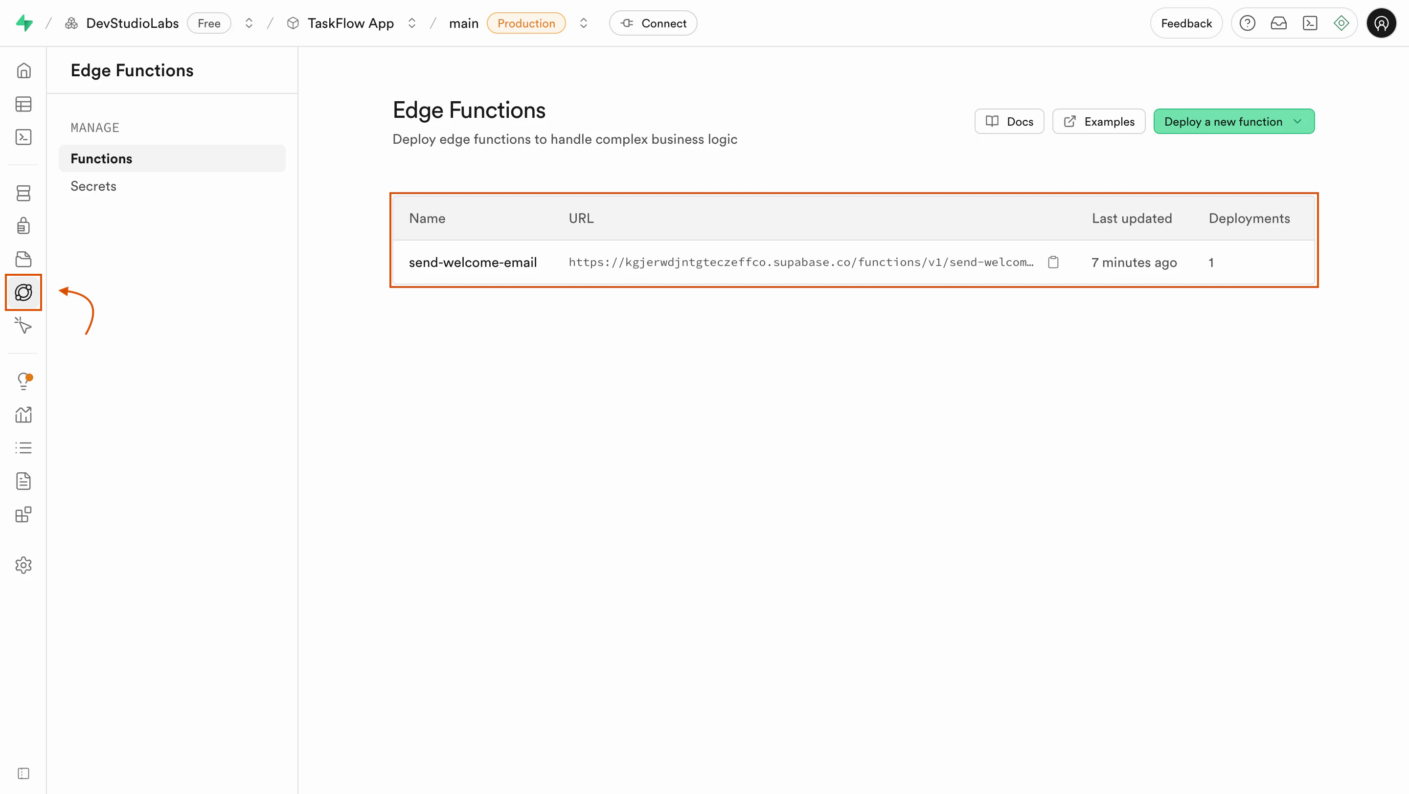 Supabase dashboard showing a list of deployed Edge Functions.