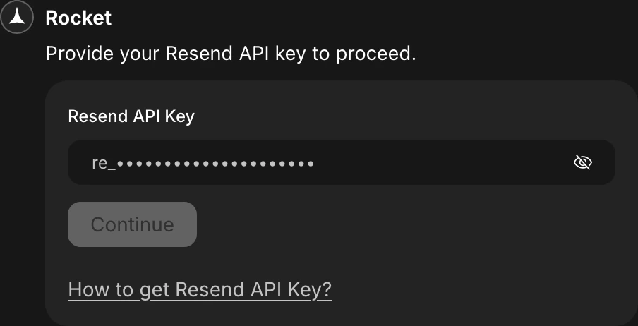 Popup showing secure input field for Resend API key during function creation.