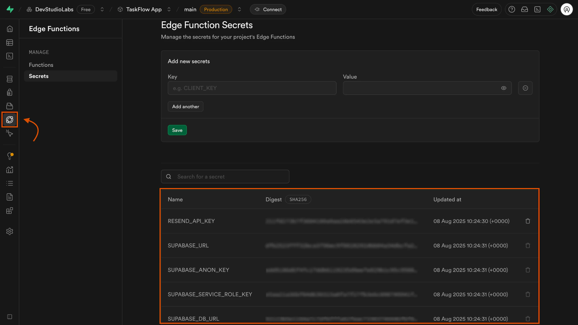 Supabase dashboard displaying secrets linked to Edge Functions.