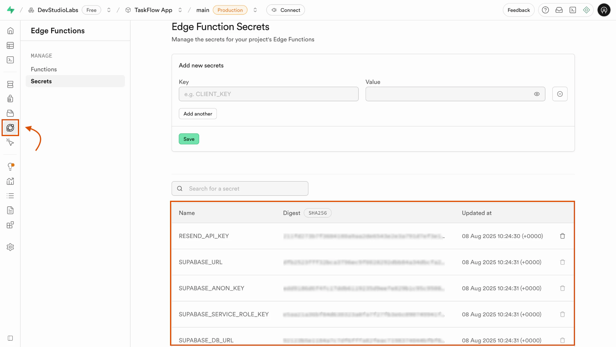 Supabase dashboard displaying secrets linked to Edge Functions.