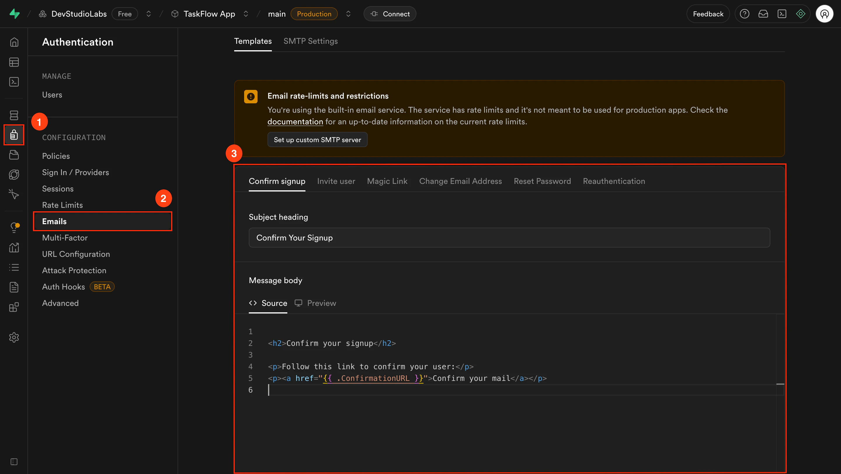 Supabase Email Templates tab showing configuration options for confirmation and reset emails.
