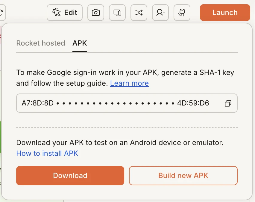 APK tab in the Rocket Launch popup showing the SHA-1 certificate fingerprint with a copy button.