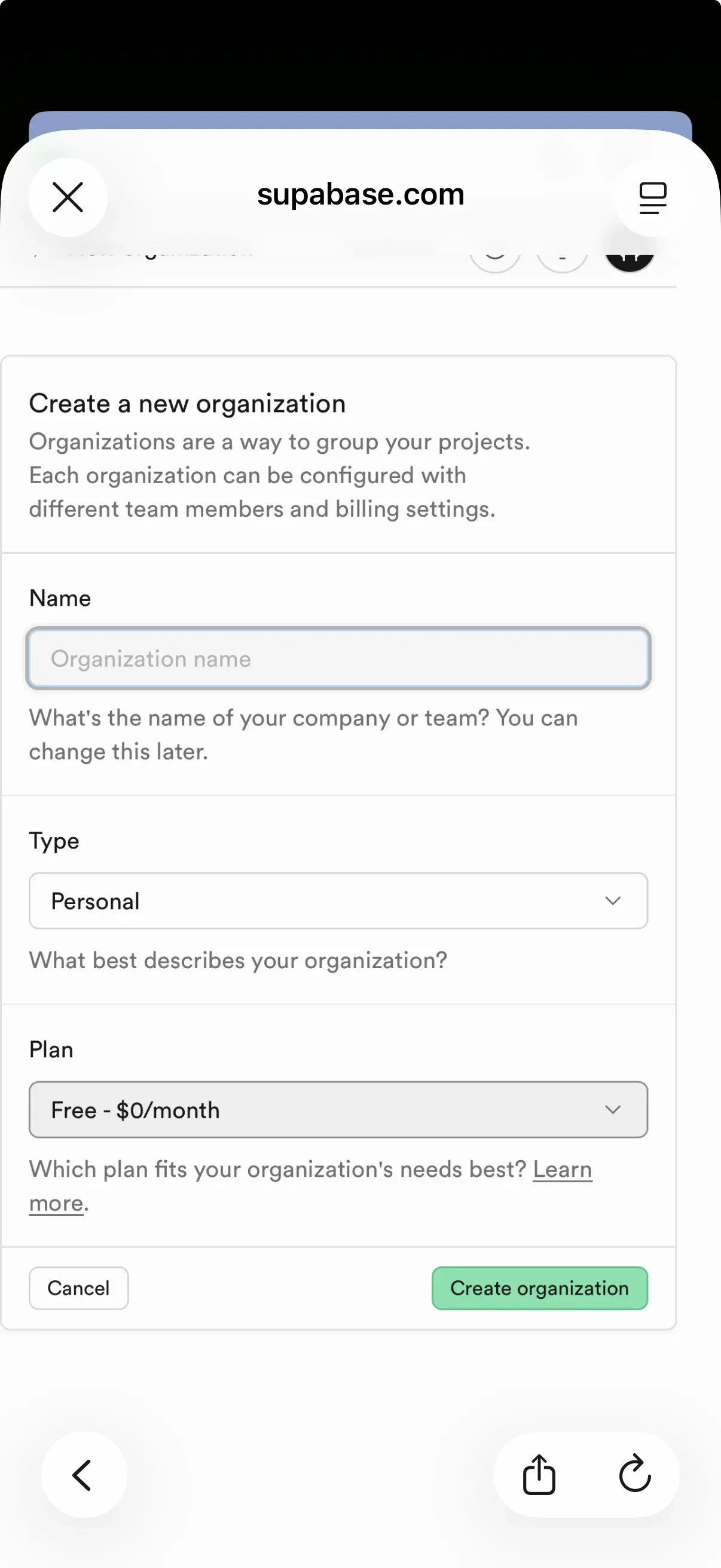 Create Supabase organization.
