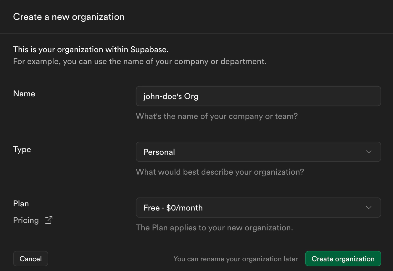 Create Supabase org.