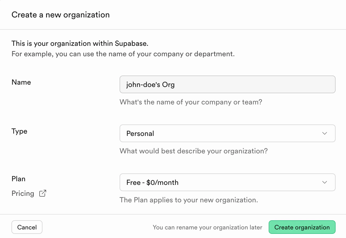 Create Supabase org.