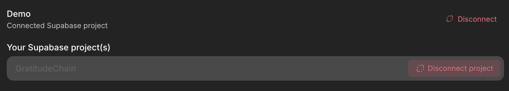 Disconnect project button in Supabase panel.