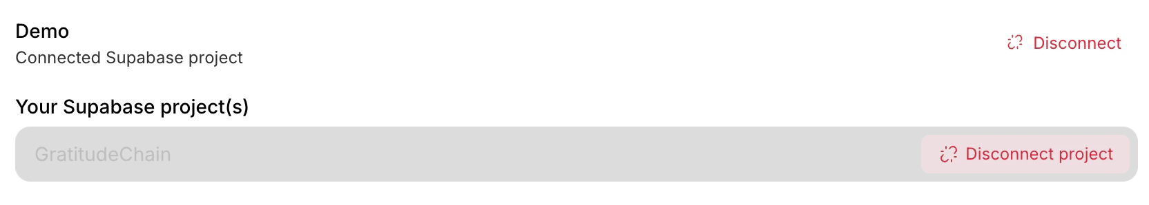 Disconnect project button in Supabase panel.
