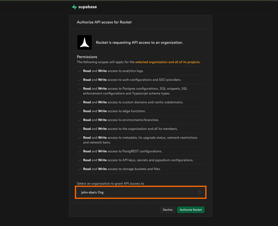 Supabase org selection screen.