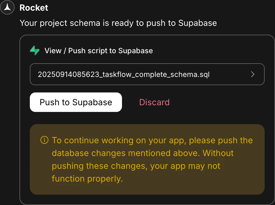 Popup showing a generated Supabase script with options to preview, push, or discard.