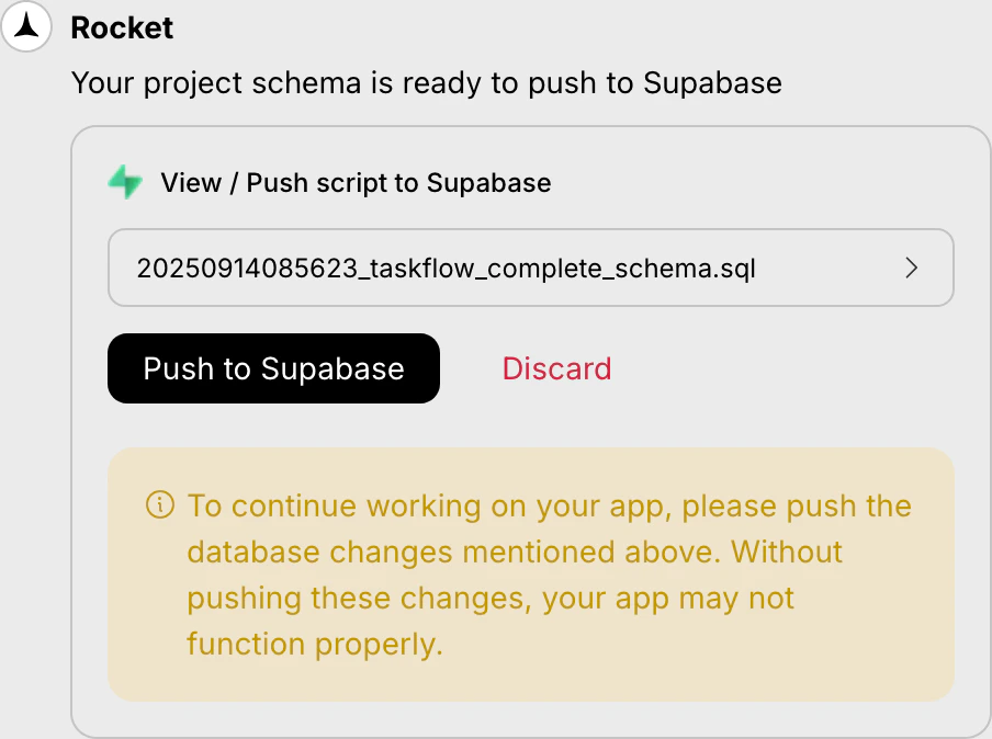 Popup showing a generated Supabase script with options to preview, push, or discard.