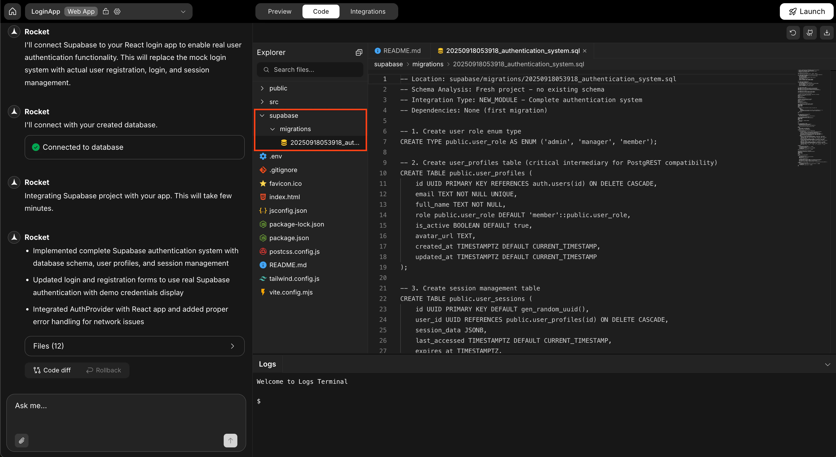 Rocket code view showing the Supabase migrations folder.