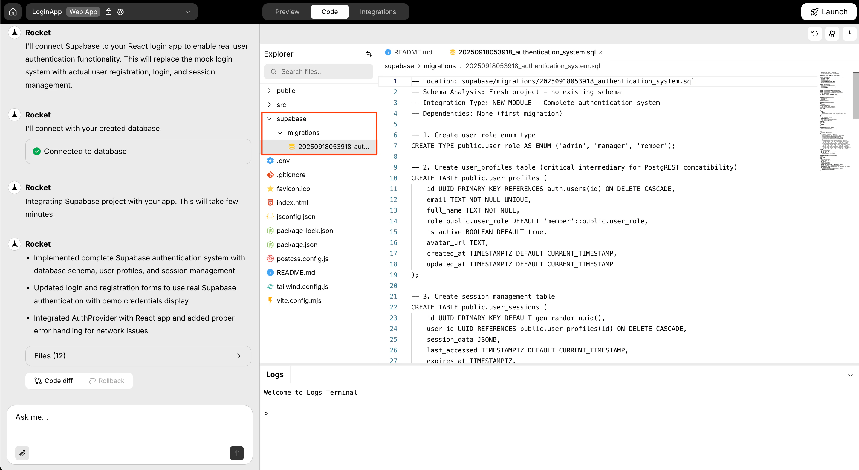 Rocket code view showing the Supabase migrations folder.