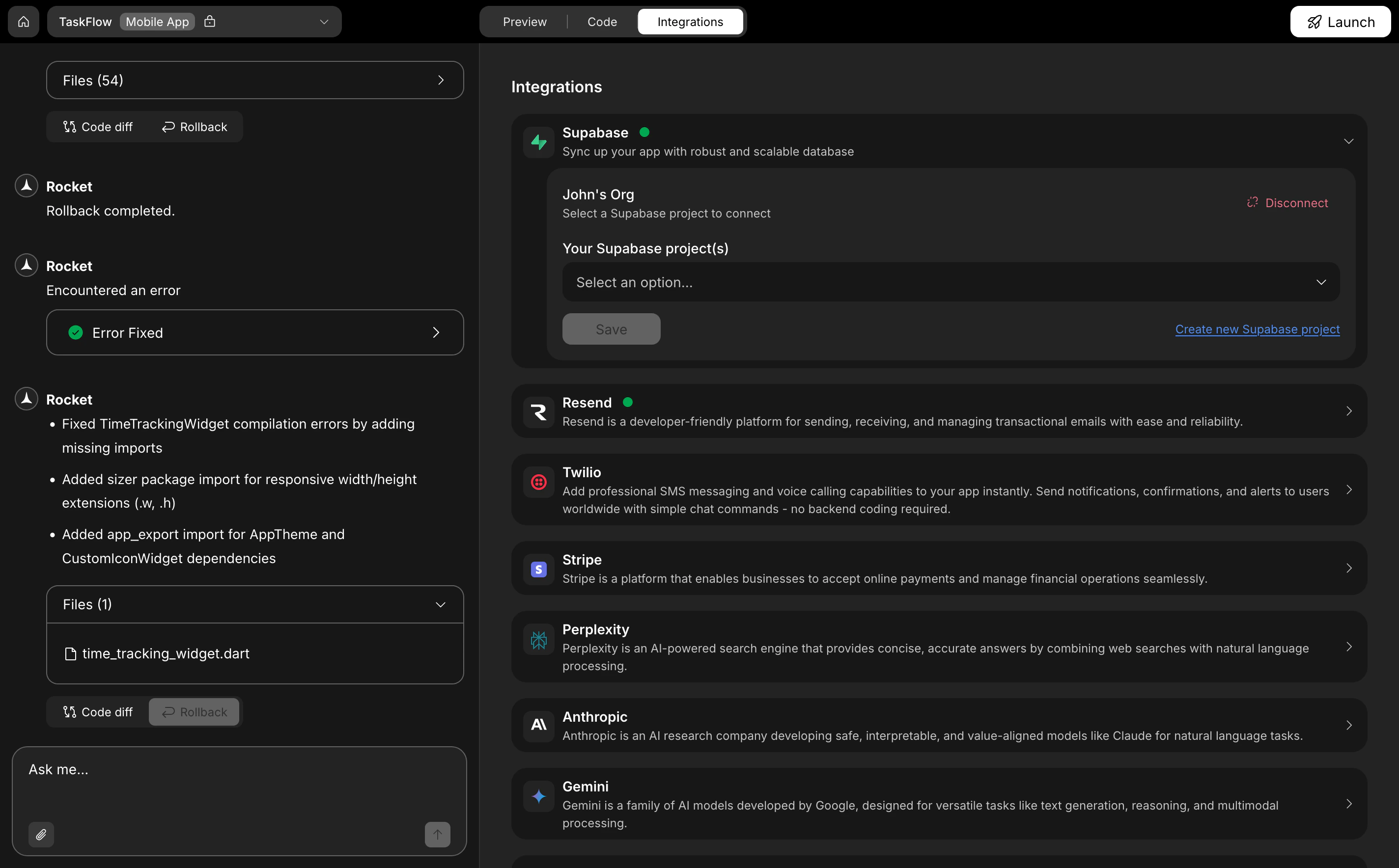 Rocket Integrations screen with Supabase project reselected.