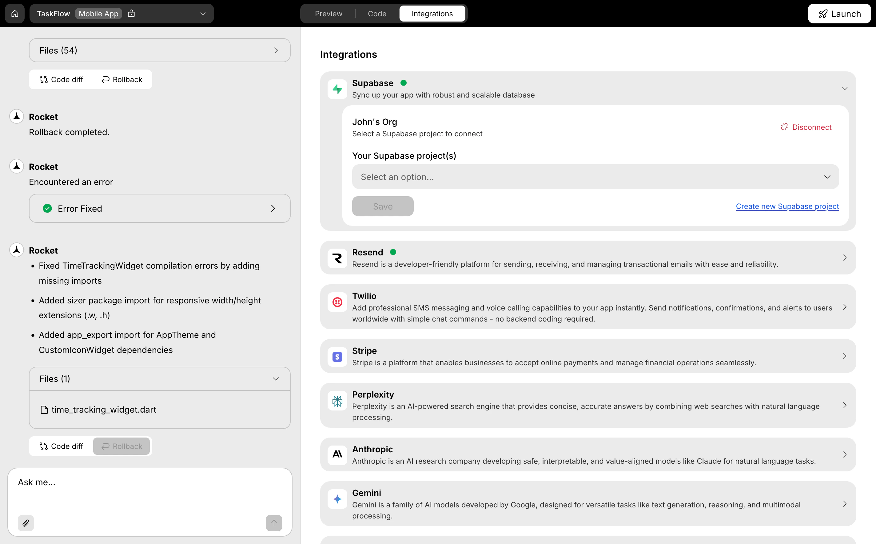 Rocket Integrations screen with Supabase project reselected.