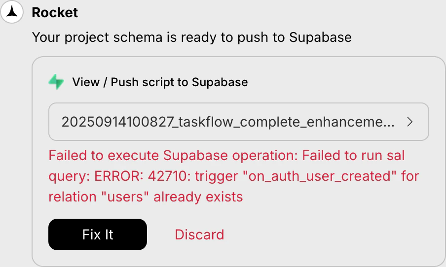 Fix it button displayed in the schema error message.