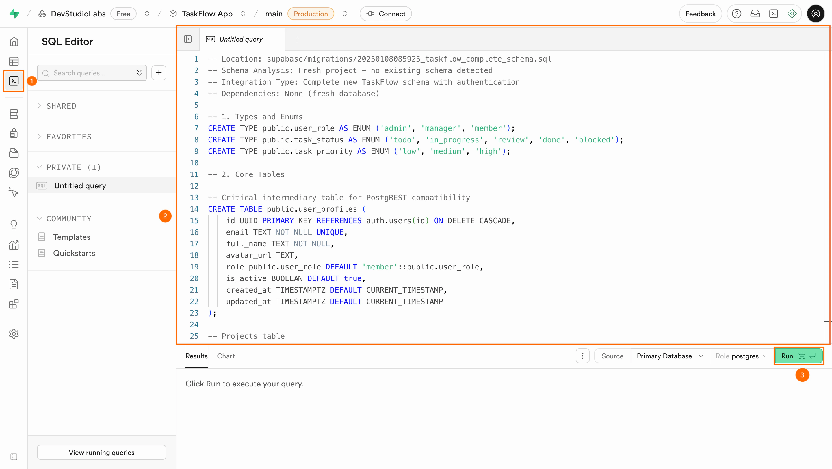 Supabase SQL editor showing a pasted migration script ready to run.