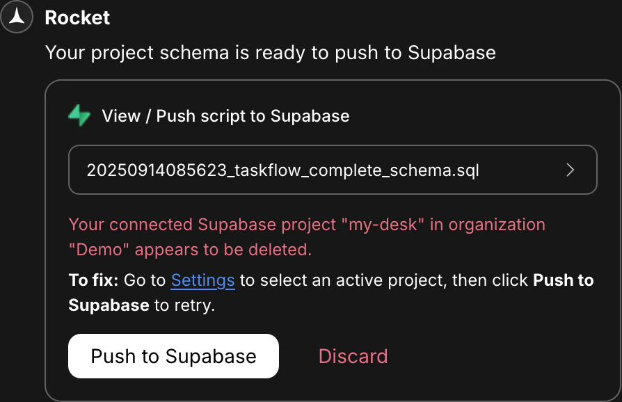 Error message indicating the Supabase project is deleted or disconnected.