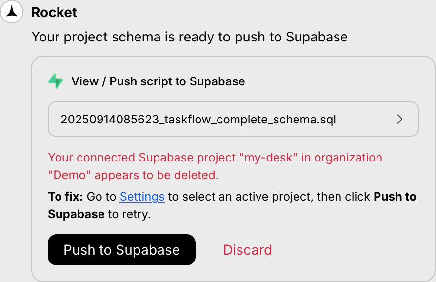 Error message indicating the Supabase project is deleted or disconnected.