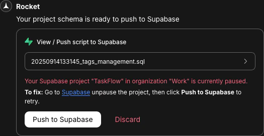 Error message indicating the connected Supabase project is paused.