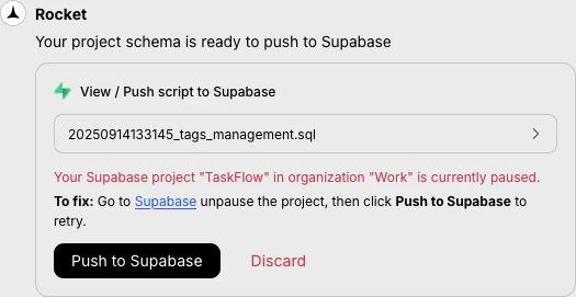 Error message indicating the connected Supabase project is paused.