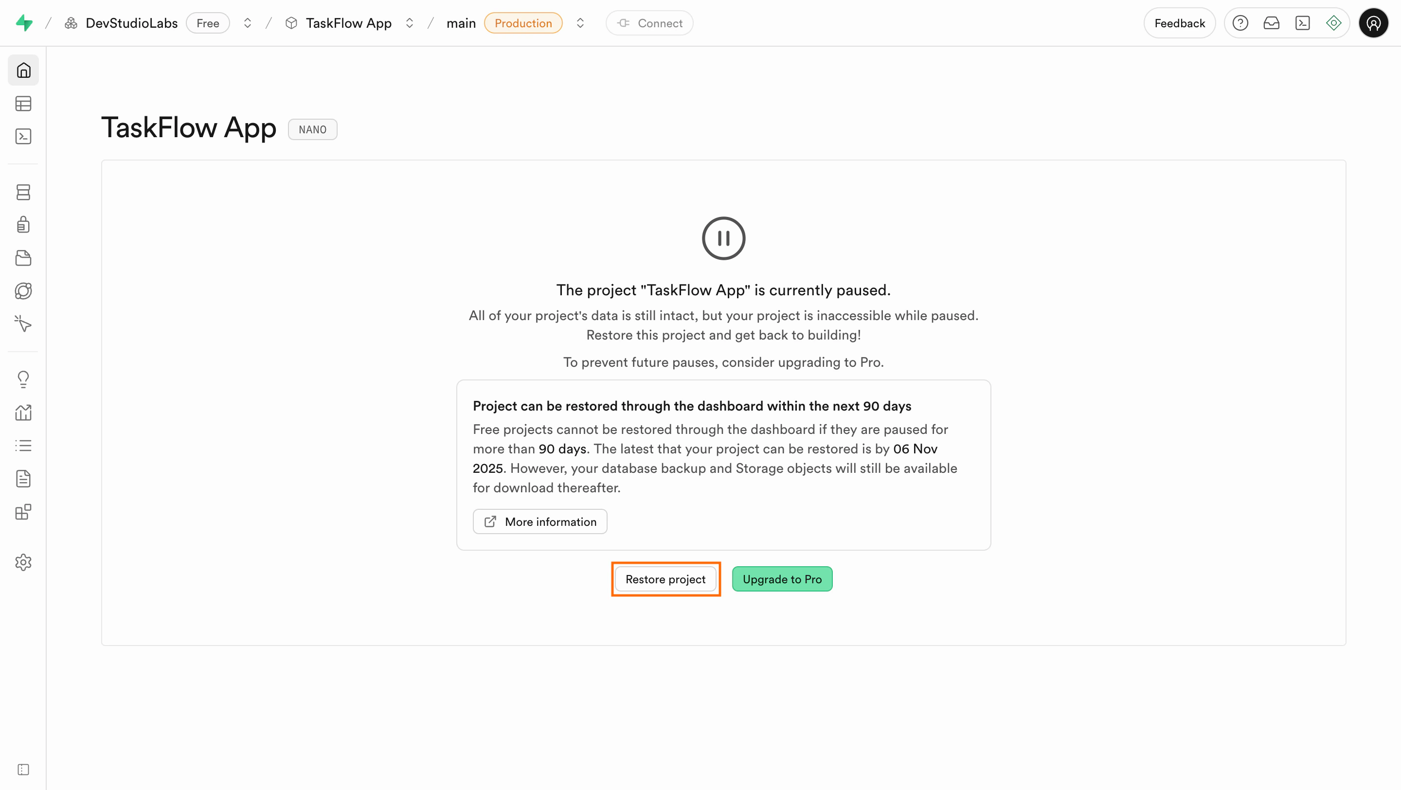 Restore Project button highlighted in the Supabase dashboard.