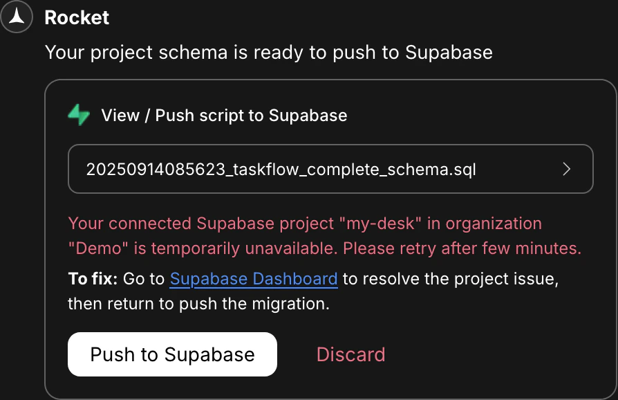 Message showing Supabase is temporarily unavailable.