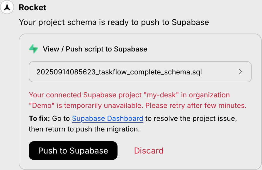 Message showing Supabase is temporarily unavailable.