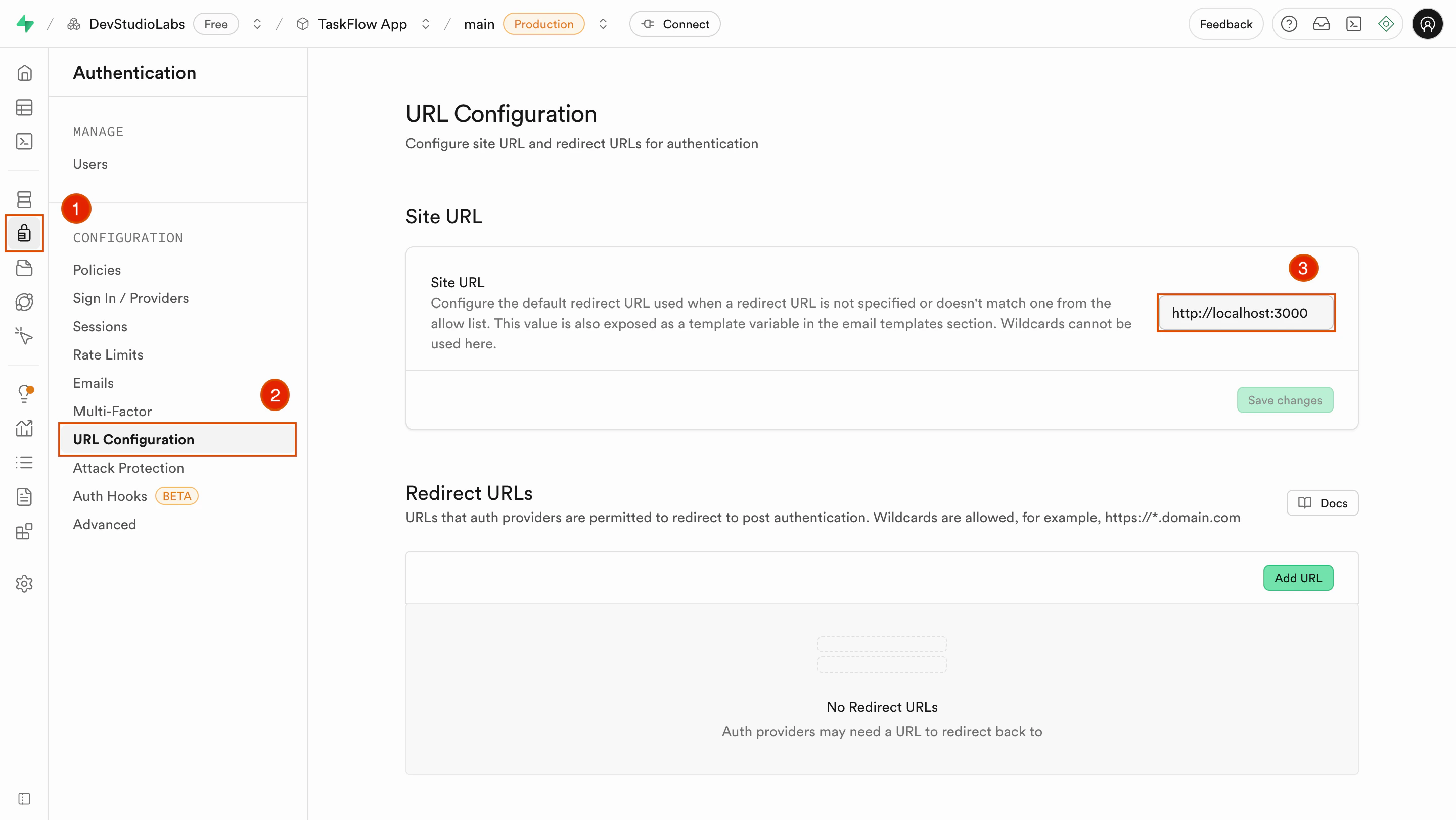 Supabase authentication settings showing the URL Configuration tab with the Site URL field.