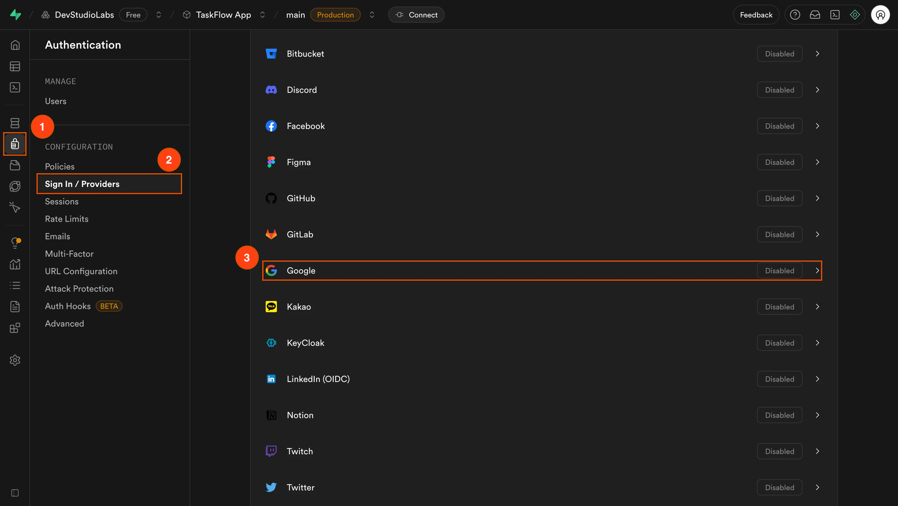 List of authentication providers inside Supabase settings.