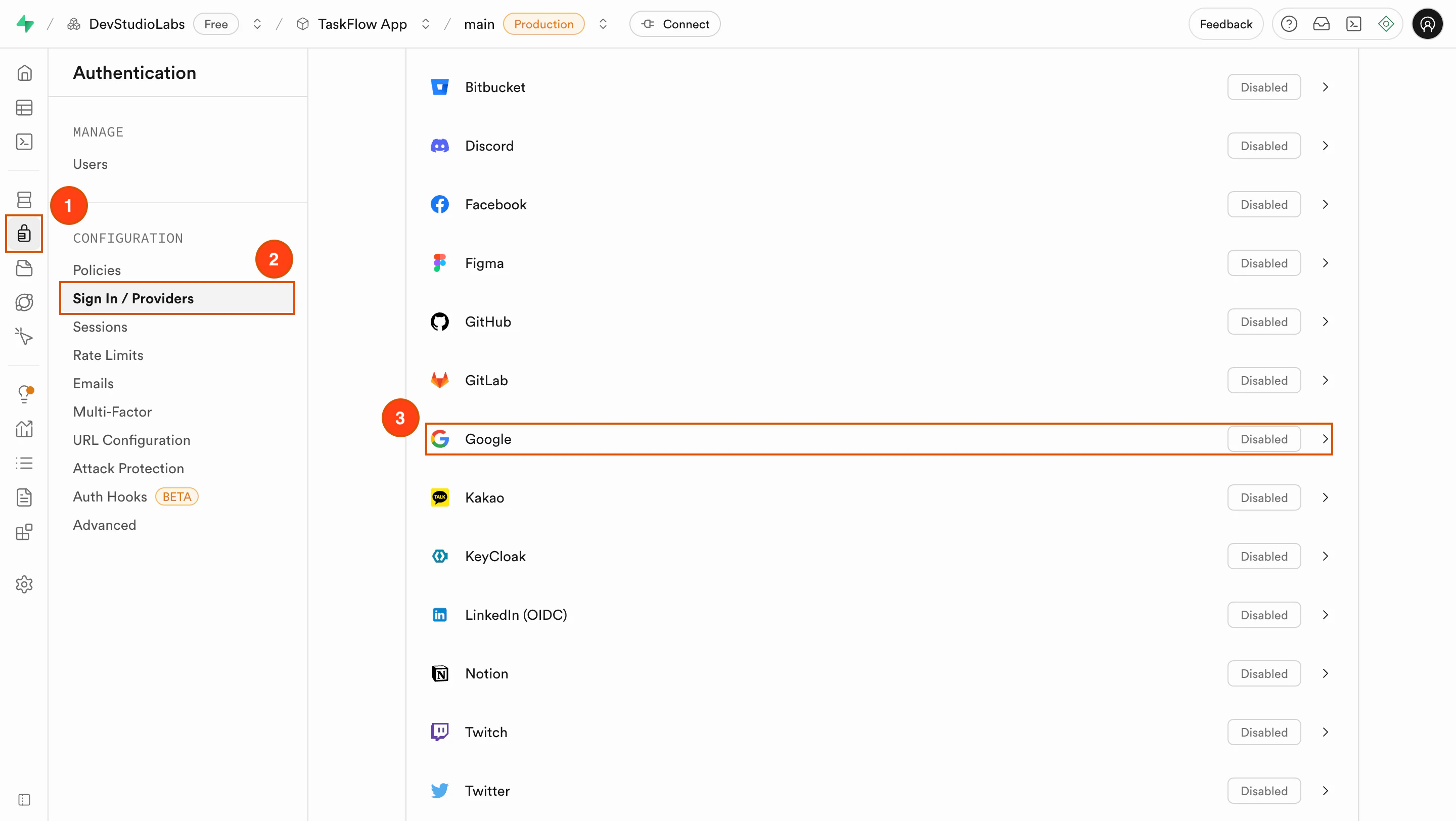List of authentication providers inside Supabase settings.