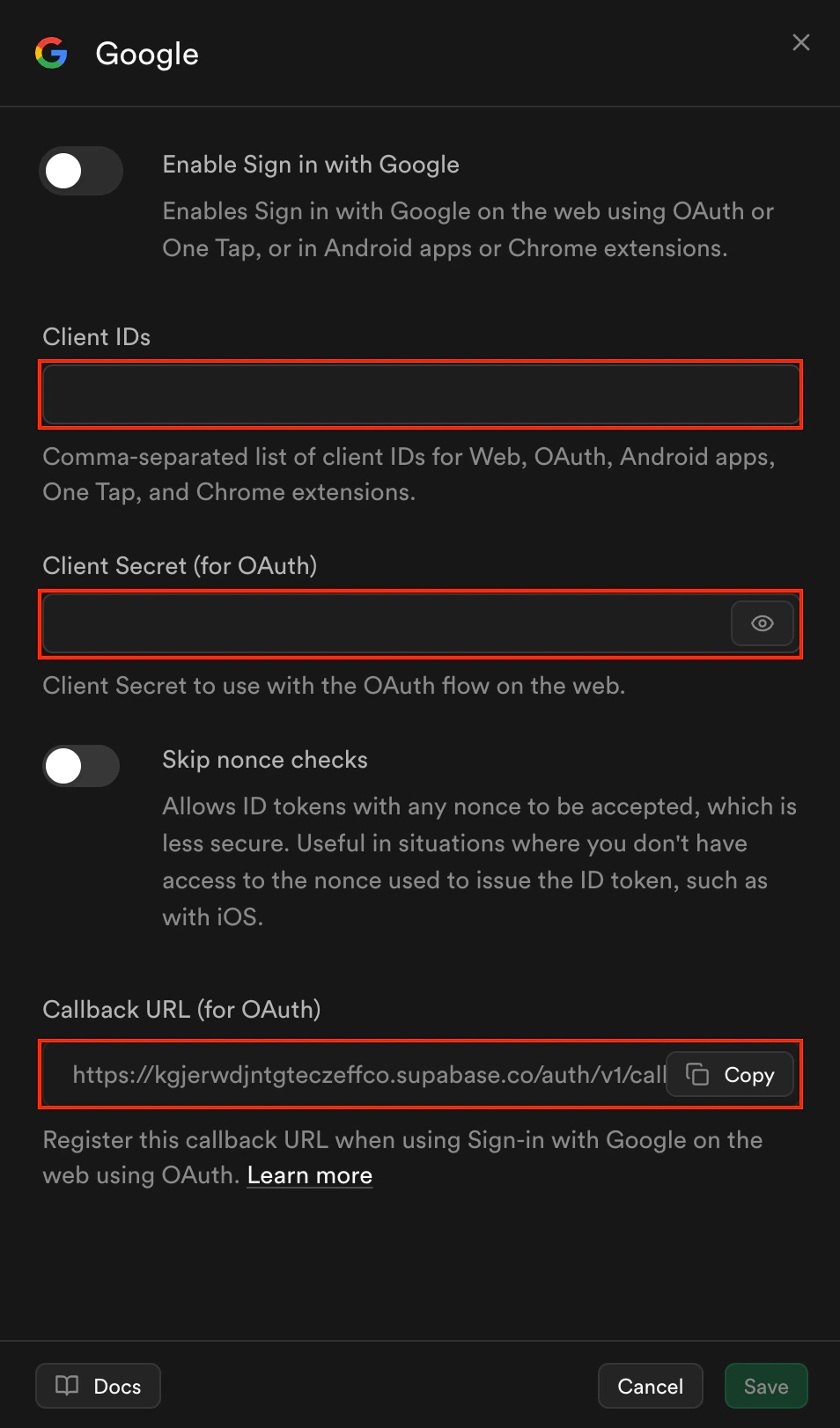 Supabase Google provider settings including fields for Client ID, Client Secret, and Redirect URL.
