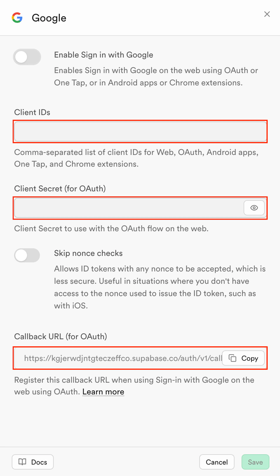 Supabase Google provider settings including fields for Client ID, Client Secret, and Redirect URL.