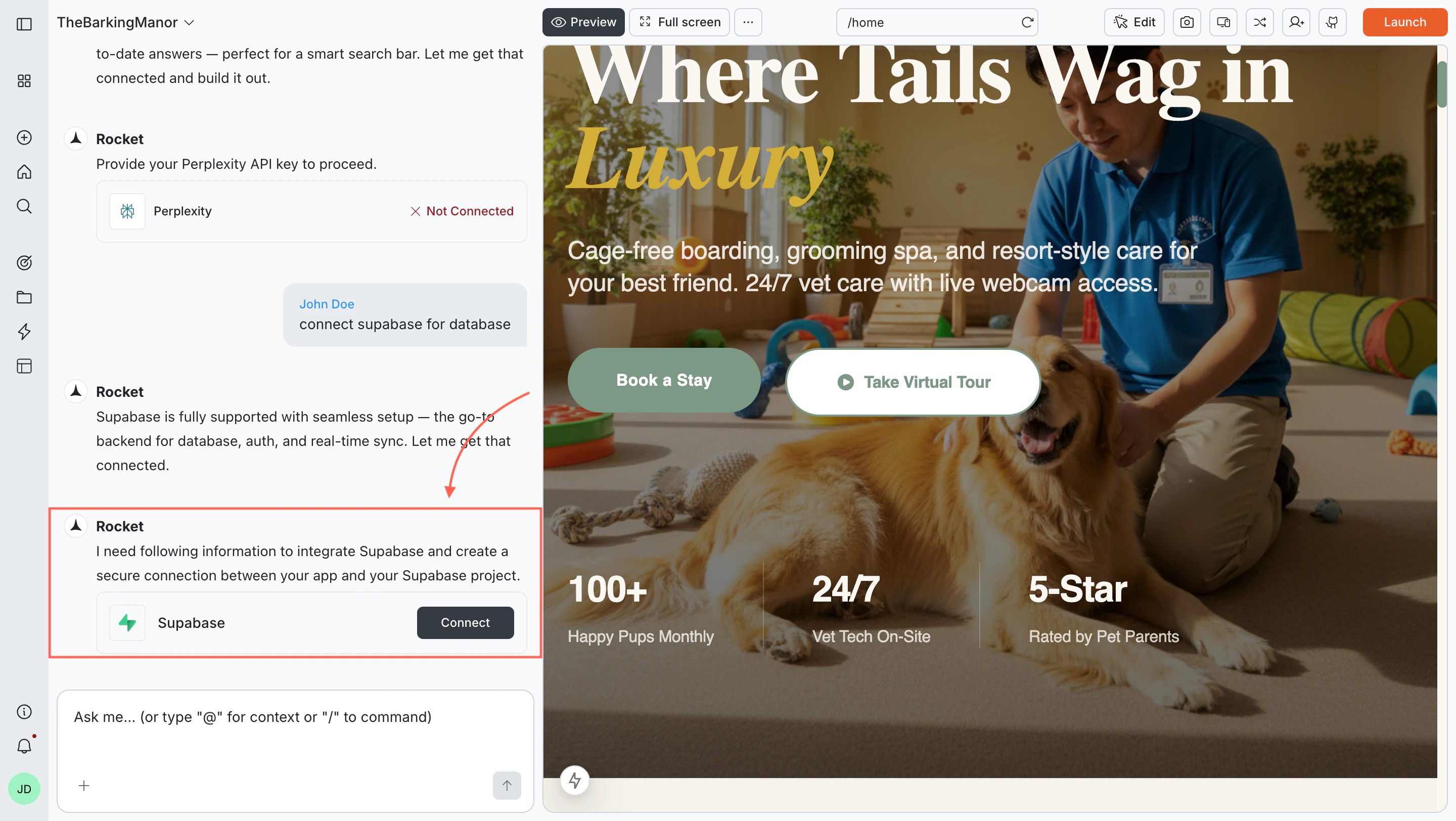 Rocket chat panel showing a Connect prompt for Supabase.