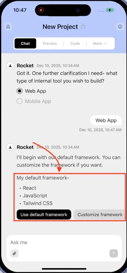 Mobile dialog showing the default Web App stack with React, JavaScript, and Tailwind CSS, and a button to proceed.