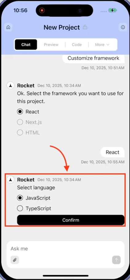 Mobile language customization screen where you can modify the default language.