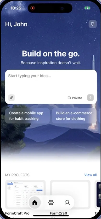 Mobile app home screen with the idea input field ready to receive a prompt.