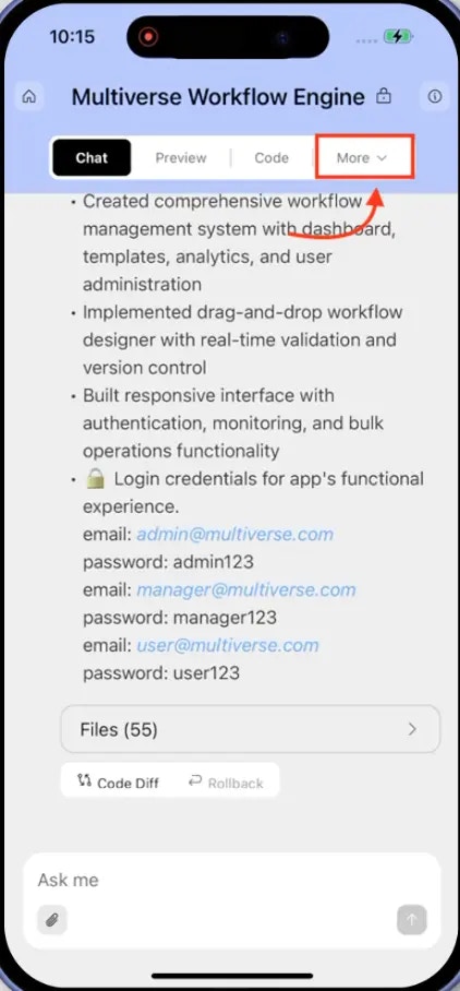 Mobile project header showing project name and navigation bar with Chat, Preview, Code, and More buttons.