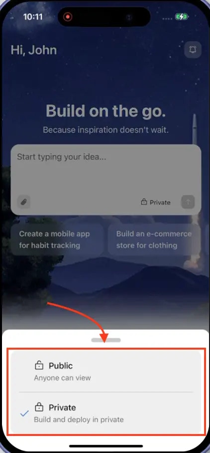 Mobile visibility menu showing Public and Private options after tapping the toggle.