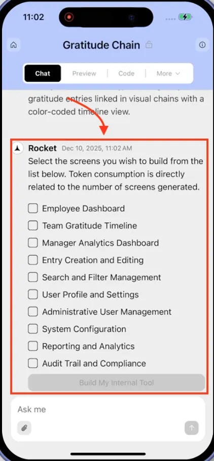 Mobile checklist of suggested screens with checkboxes to include or exclude each one.