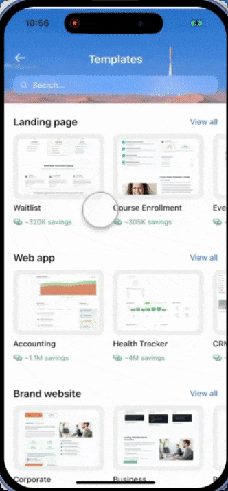 Mobile template detail view showing screenshots and included pages.