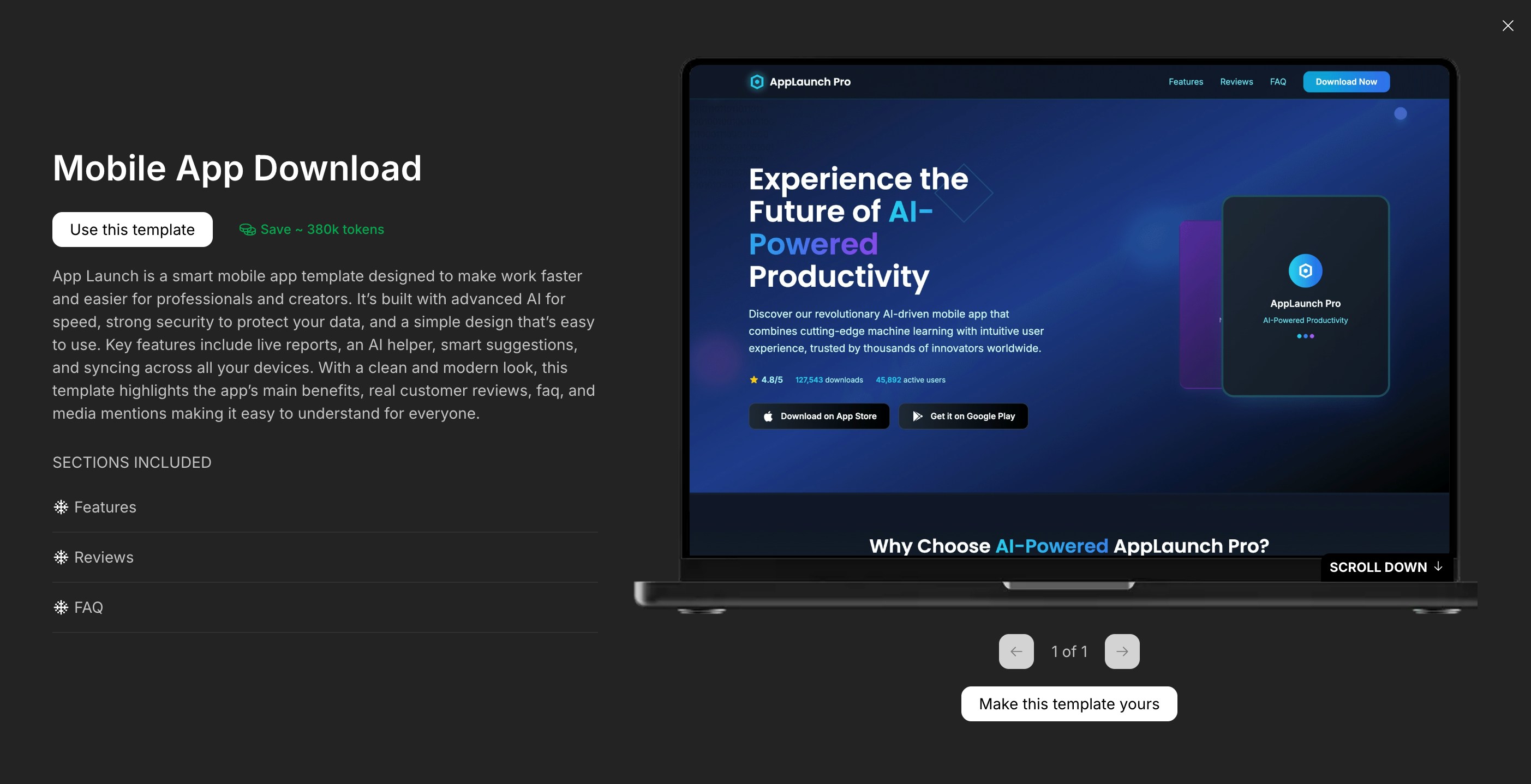 Template detail view showing screenshots and included pages.