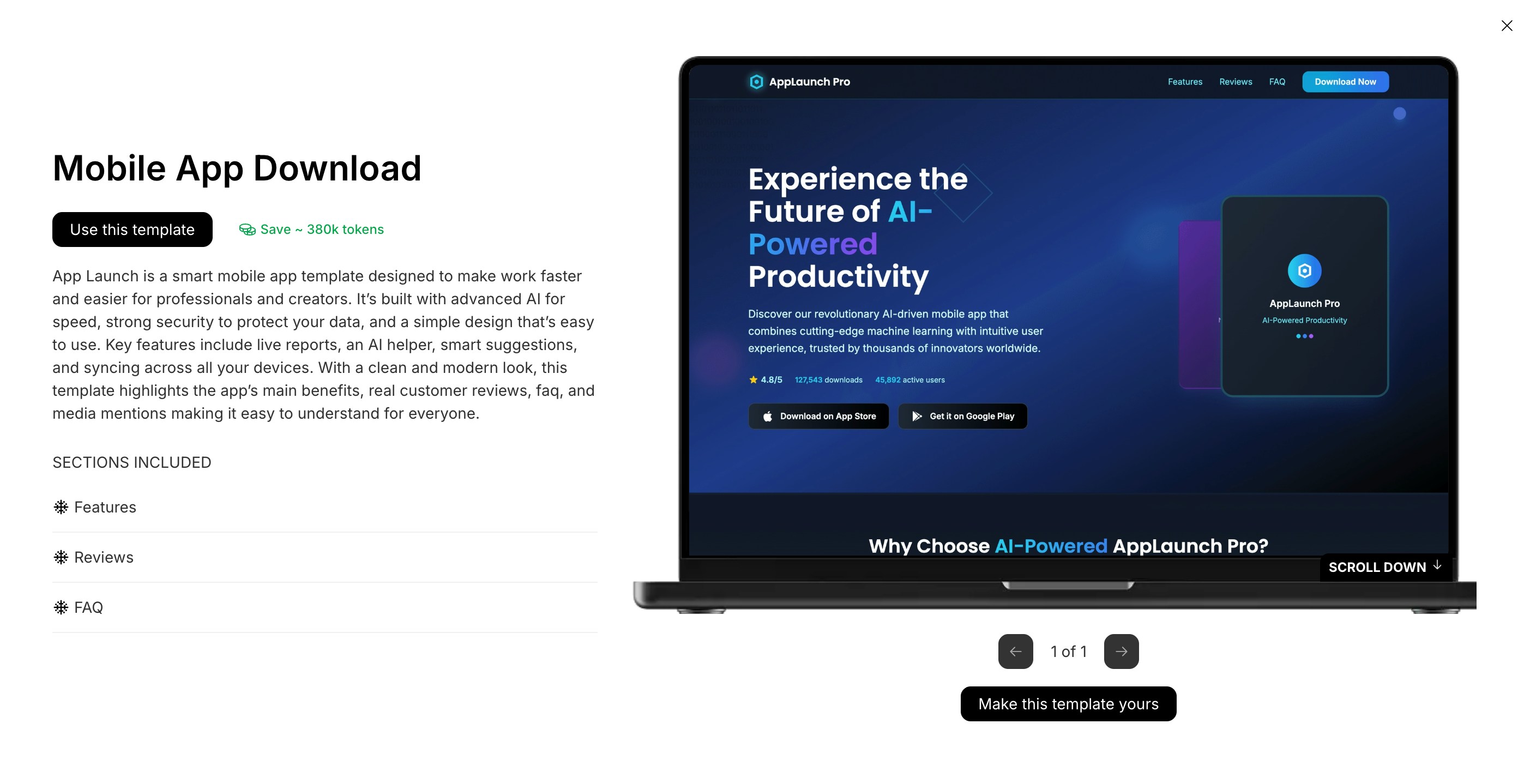 Template detail view showing screenshots and included pages.