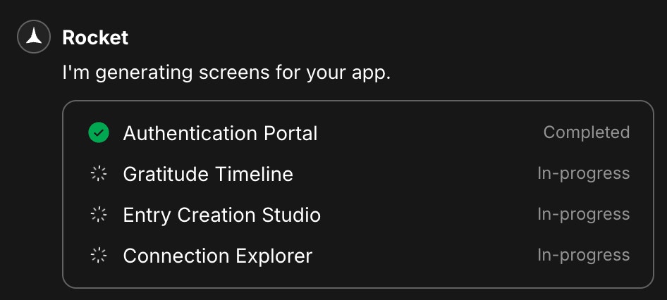 Screen list showing build progress with Completed, In progress, and Failed indicators.