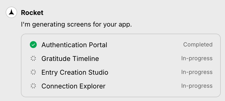 Screen list showing build progress with Completed, In progress, and Failed indicators.