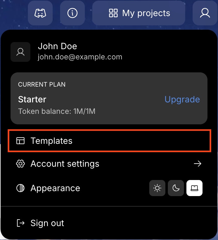 Homepage with profile menu open and Templates selected.