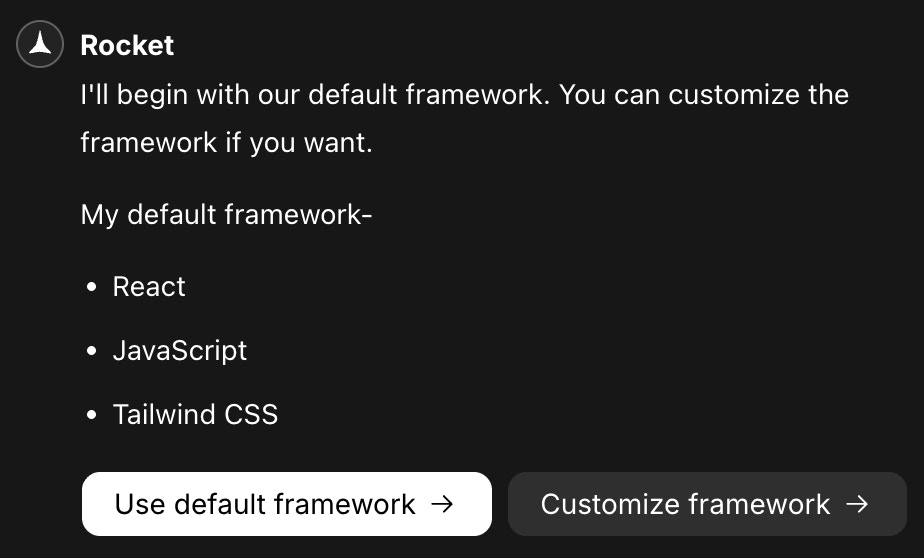 Dialog showing the default Web App stack with React, JavaScript, and Tailwind CSS, and a button to proceed.
