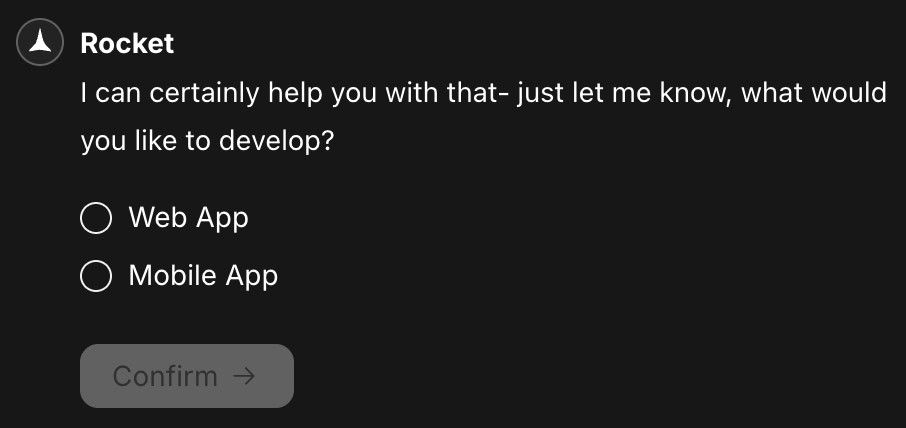 Prompt asking you to choose Web or Mobile to continue building the internal tool.
