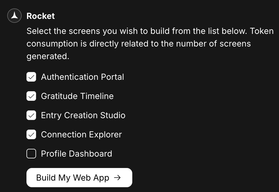 Checklist of suggested screens with checkboxes to include or exclude each one.