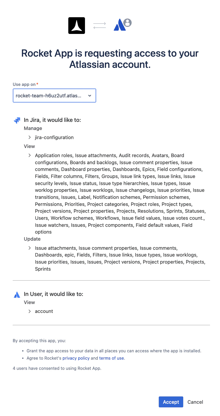 Atlassian OAuth screen showing Rocket requesting access to your Jira account.